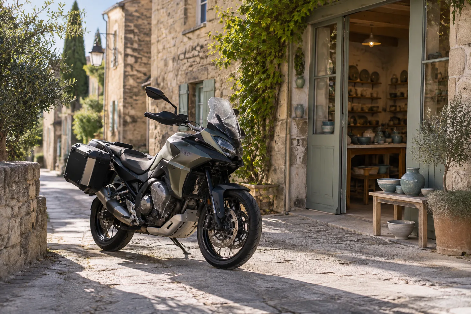 Une moto stationnée dans une ruelle provençale bordée de façades anciennes et d’un atelier de céramique.