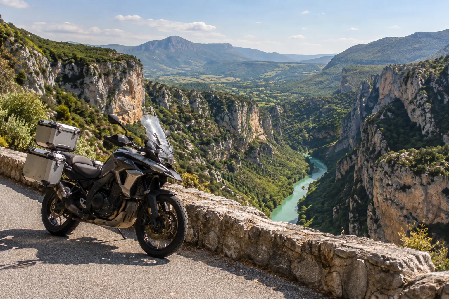 Une moto stationnée sur une route en balcon face aux falaises du Verdon.