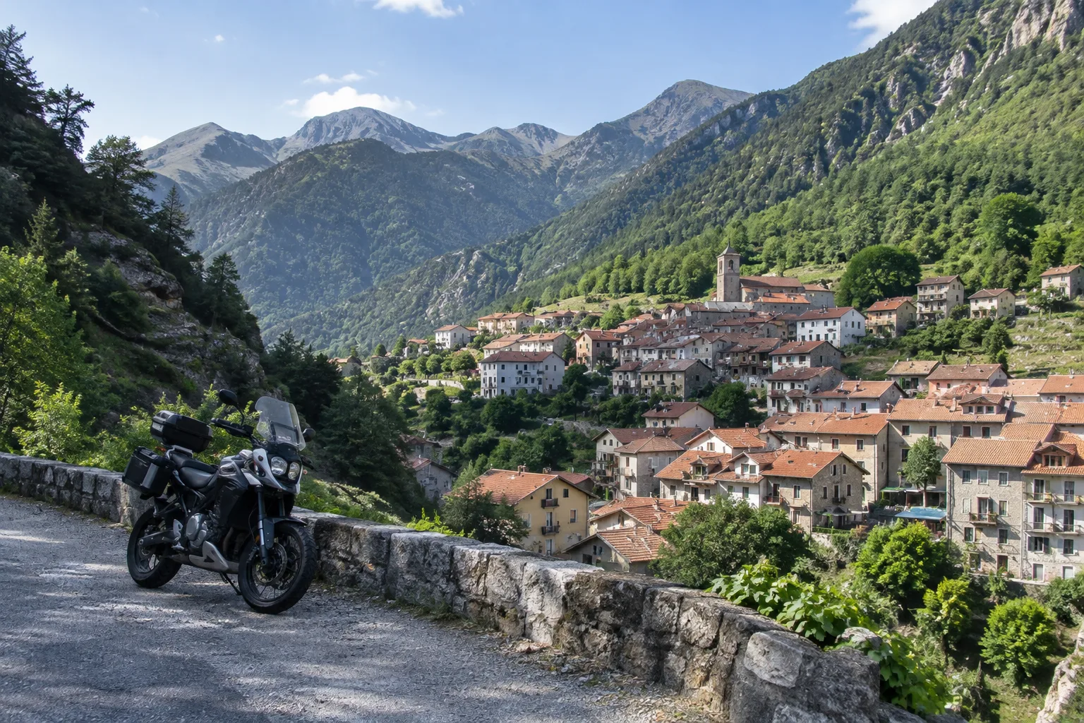 Un village de montagne de la Vésubie apparaît au bord d’une route en balcon, avec une moto arrêtée au premier plan.