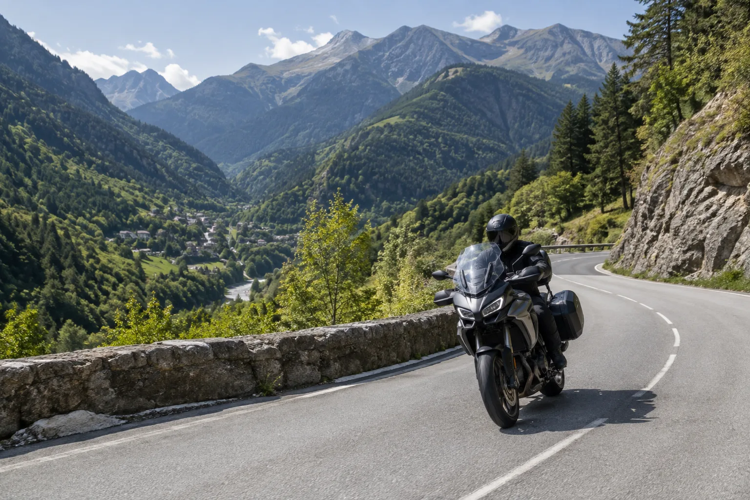 Une moto roule sur une route sinueuse de montagne, avec les reliefs boisés de la Vésubie en arrière-plan.