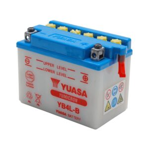 Batterie Yuasa YB4L-B annoncée en 12 V et 4 Ah, livrée sans acide