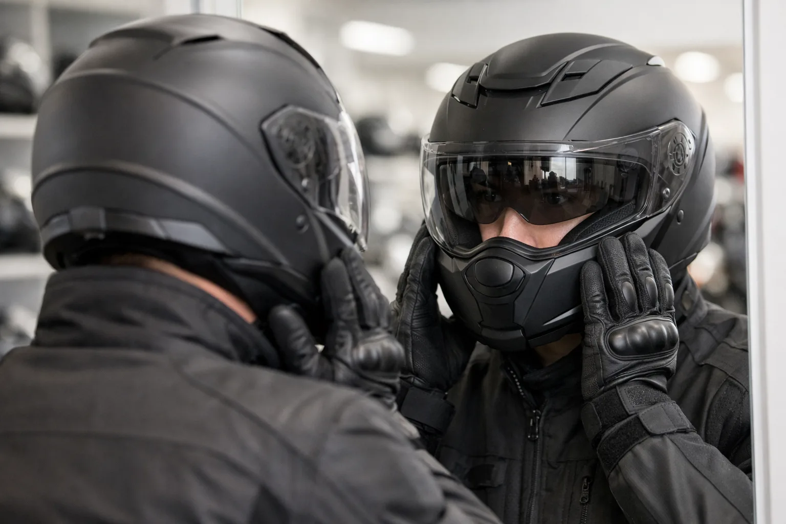 Une personne vérifie l’ajustement d’un casque modulable devant un miroir.