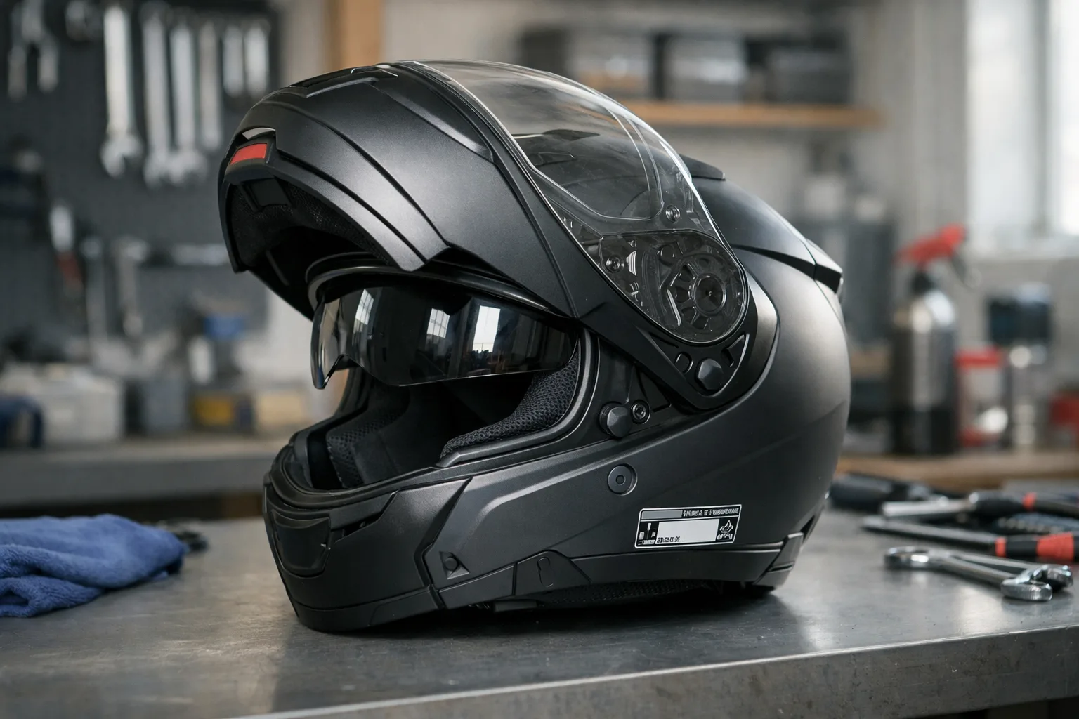 Casque modulable posé sur un établi, mentonnière relevée et intérieur visible.