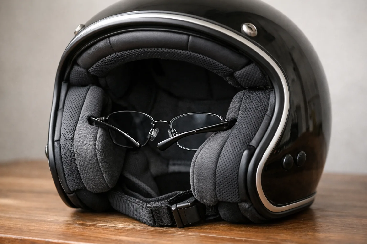 Les mousses latérales d’un casque moto entourent les branches d’une paire de lunettes.