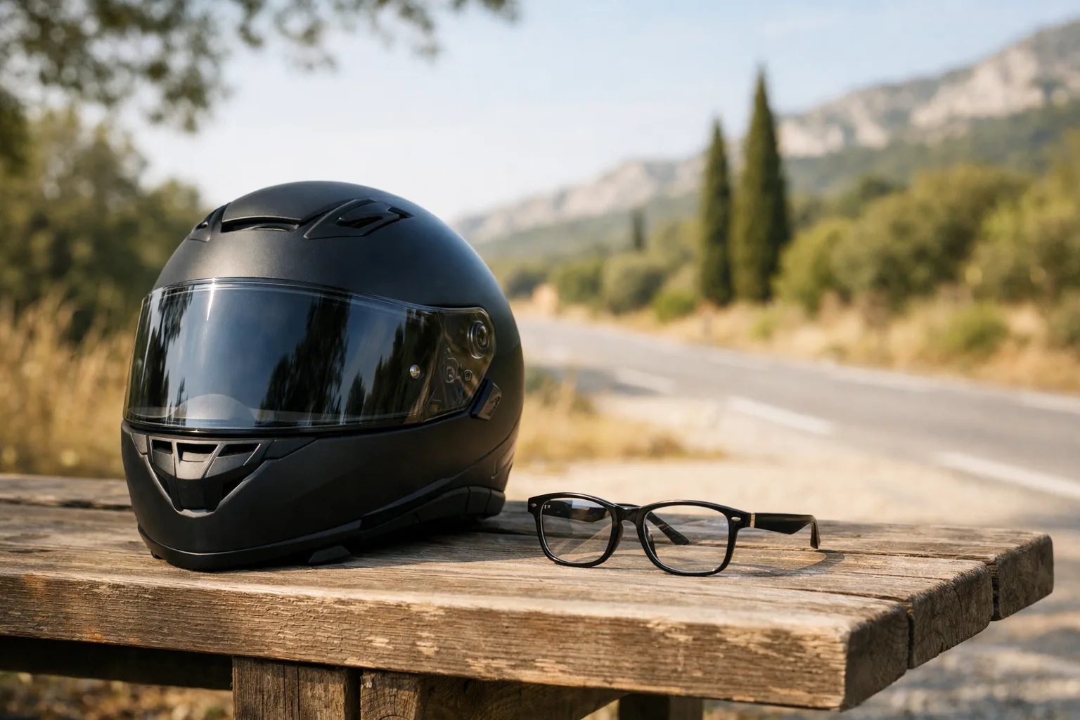 Un casque intégral et une paire de lunettes correctrices posés côte à côte sur un banc.