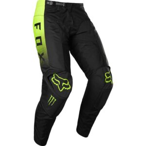 pantalon cross FOX 180 MONSTER noir et jaune avec empiècements en cuir aux genoux